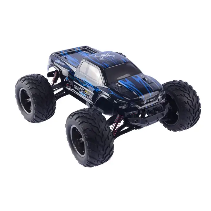 Black and blue flame-patterned remote-controlled monster truck with rugged tires and detailed decals.
