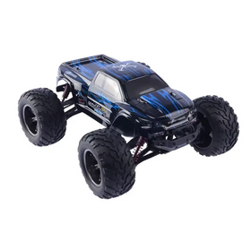 Black and blue flame-patterned remote-controlled monster truck with rugged tires and detailed decals.
