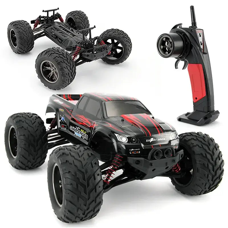 Black and red remote-controlled monster truck with rugged tires, detailed chassis, and a ’supersonic’ branded body.