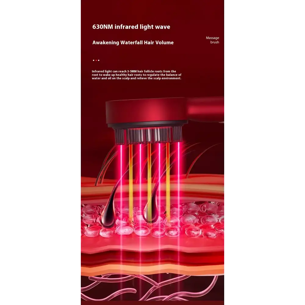 Red 630nm infrared light therapy massage brush with black bristles emitting glowing red and yellow beams.
