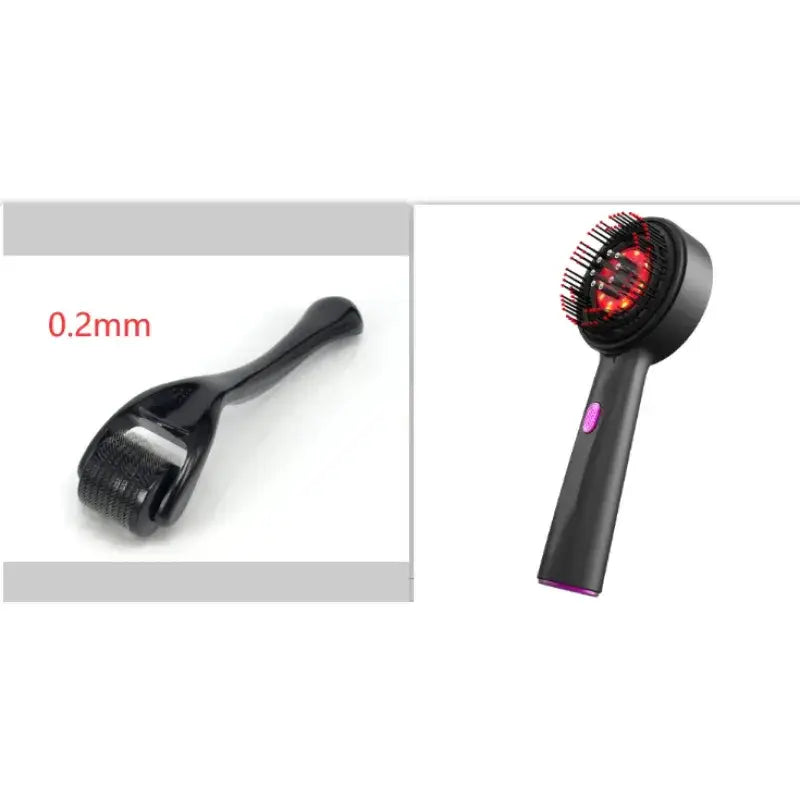 Black handheld derma roller with red led light and purple accent button