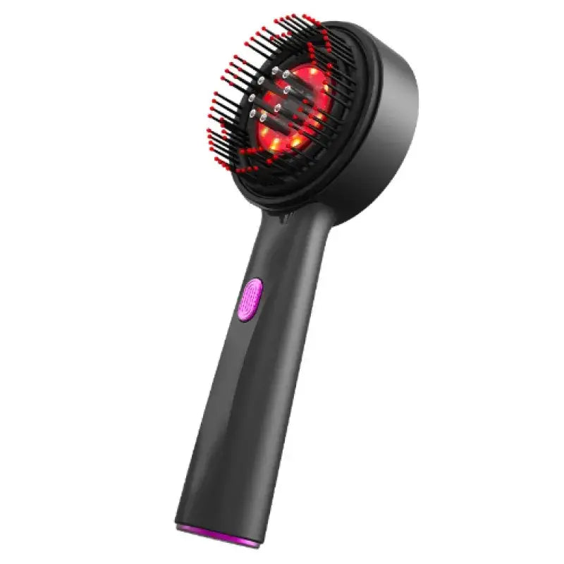 Black handheld hairbrush with red led lights and a purple power button.