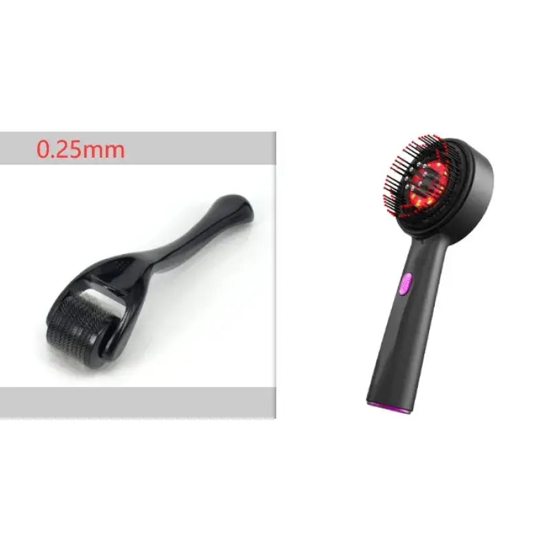 Black handheld derma roller with red laser treatment head and purple accent button