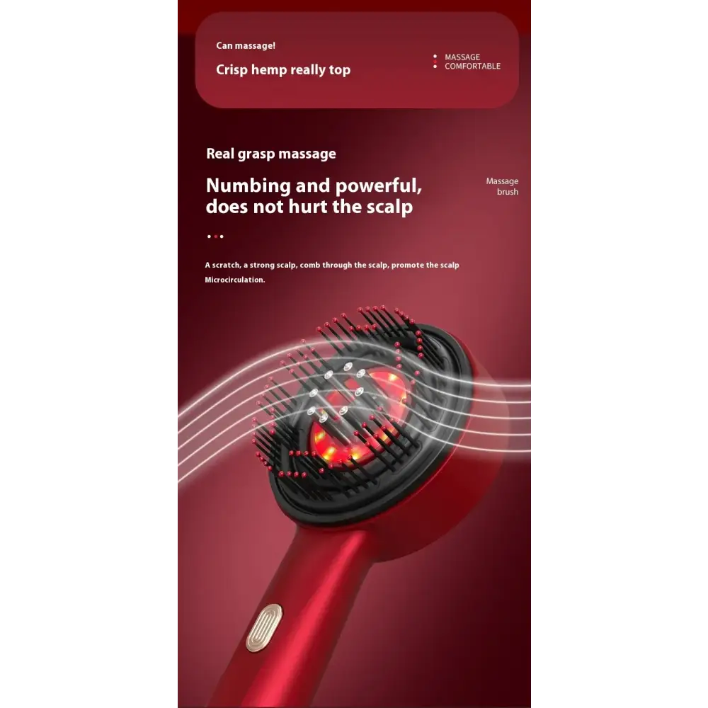 Red handheld scalp massage brush with black bristles and red led lights.
