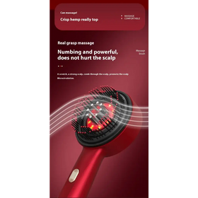 Red handheld scalp massage brush with black bristles and red led lights.