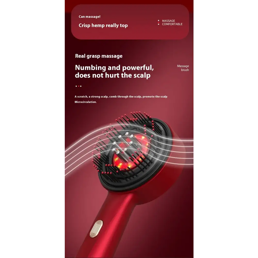 Red handheld scalp massage brush with black bristles and red led lights.