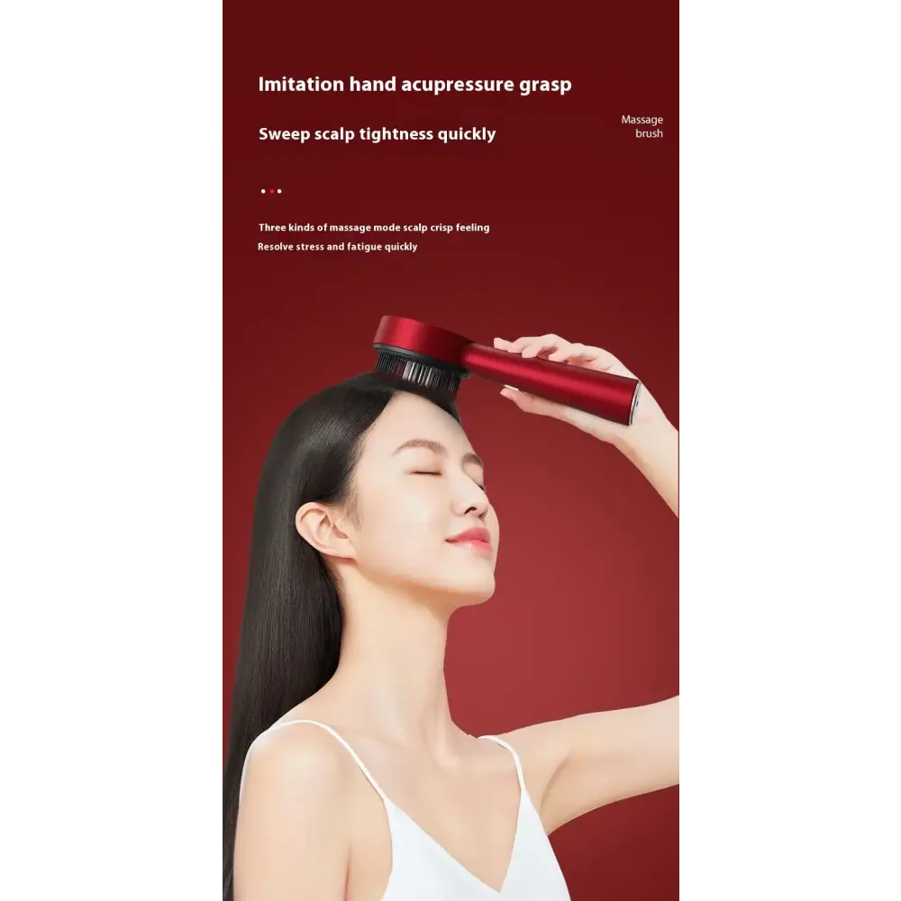 Red handheld scalp massage brush with bristles.
