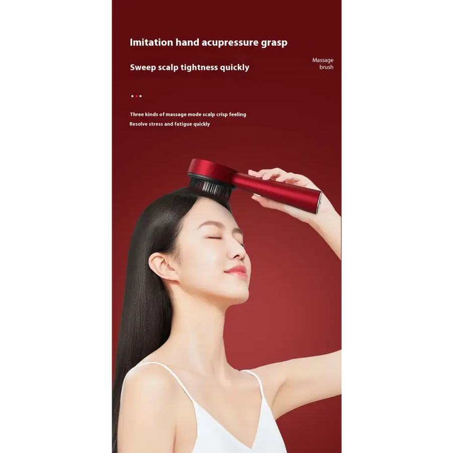Red handheld scalp massage brush with bristles.
