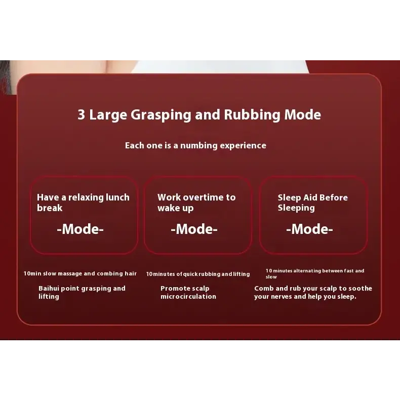 Red rectangular panel with white text detailing three massage modes for scalp care.