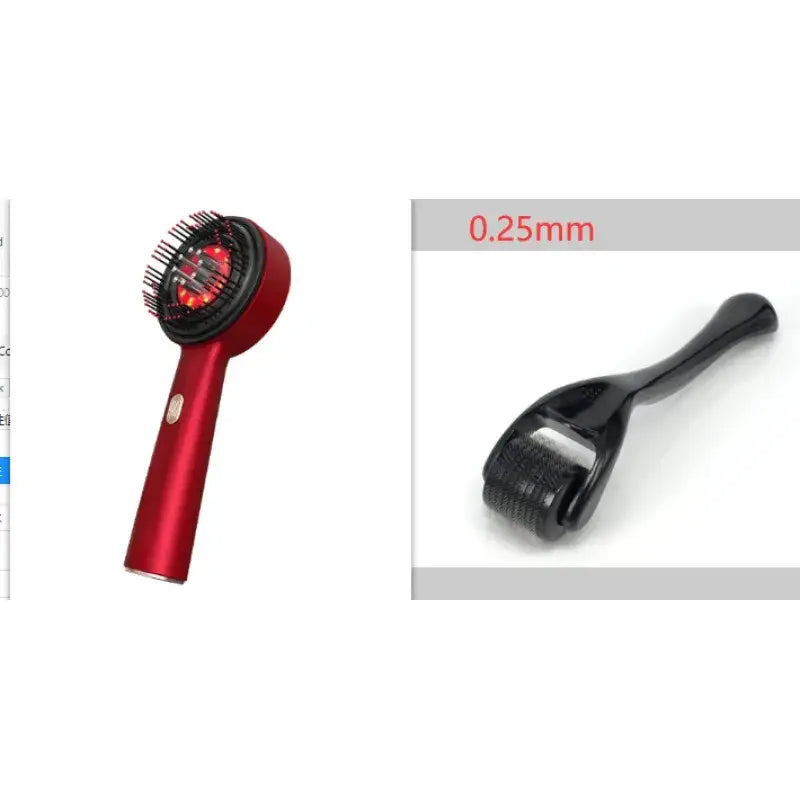 Red handheld derma roller with glowing red led lights and black bristles, paired with a separate black hand-held microdermabrasion tool featuring 0.25mm rolling pins