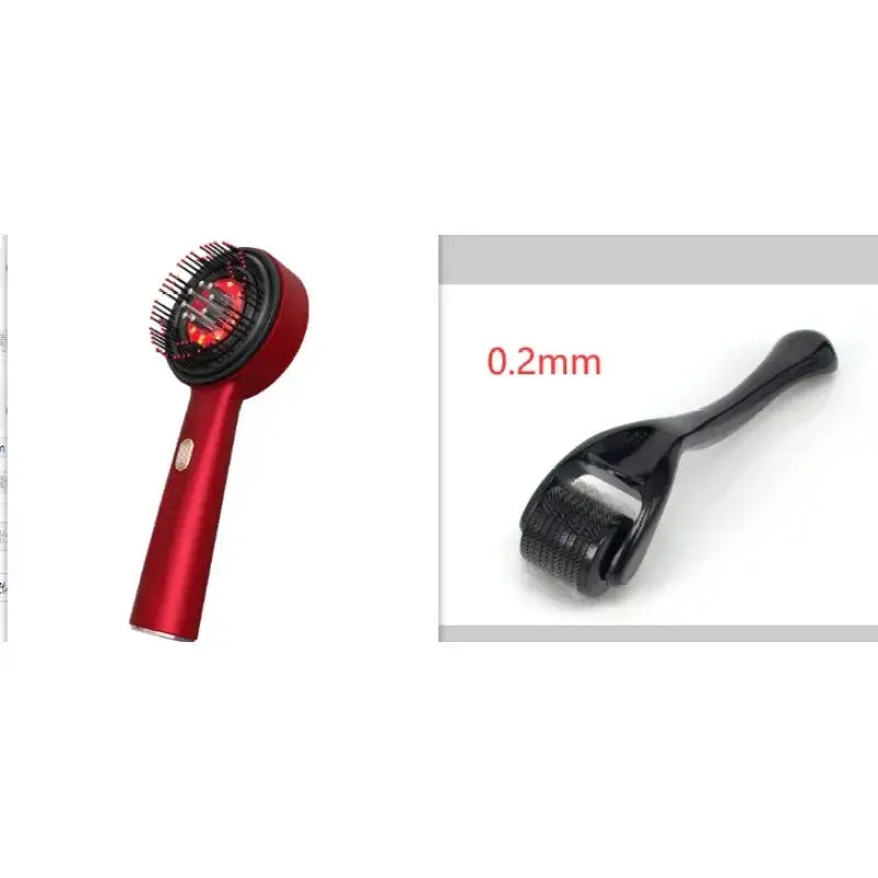 Red handheld microdermabrasion device with black bristles and glowing red lights, featuring a sleek metallic finish