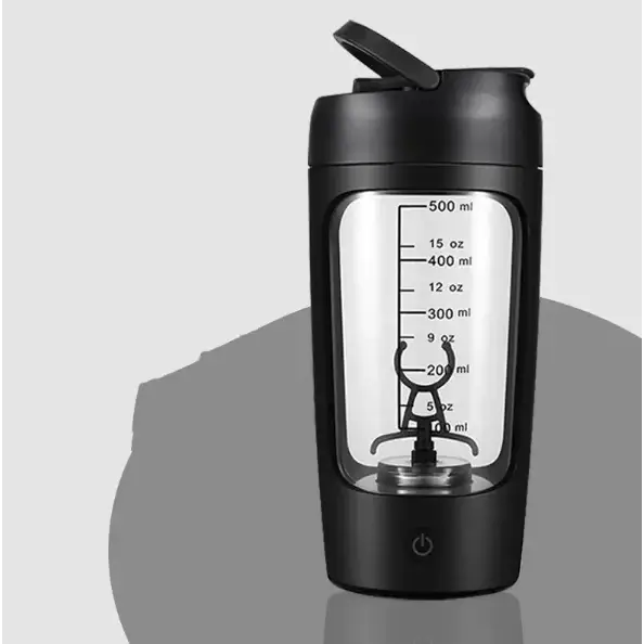 Black electric shaker bottle with transparent side panel displaying measurement markings and a built-in blender mechanism.
