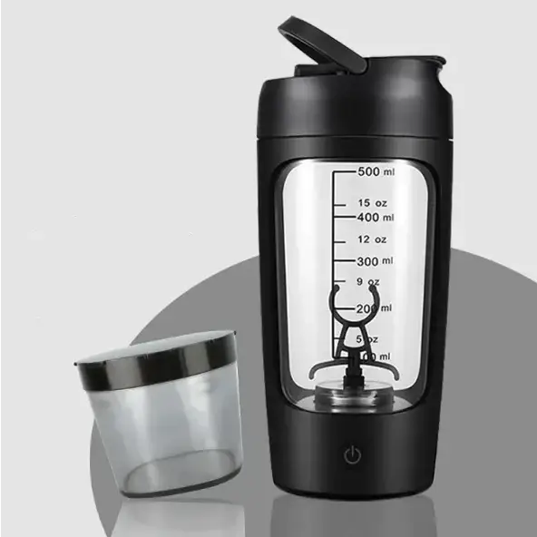 Black electric shaker bottle with transparent side panel showing measurement markings and a built-in blender mechanism.