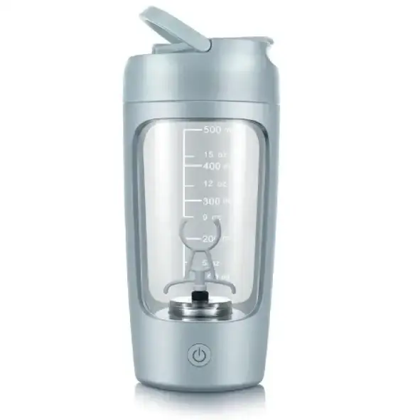 Silver-colored electric shaker bottle with a transparent front panel and measurement markings.