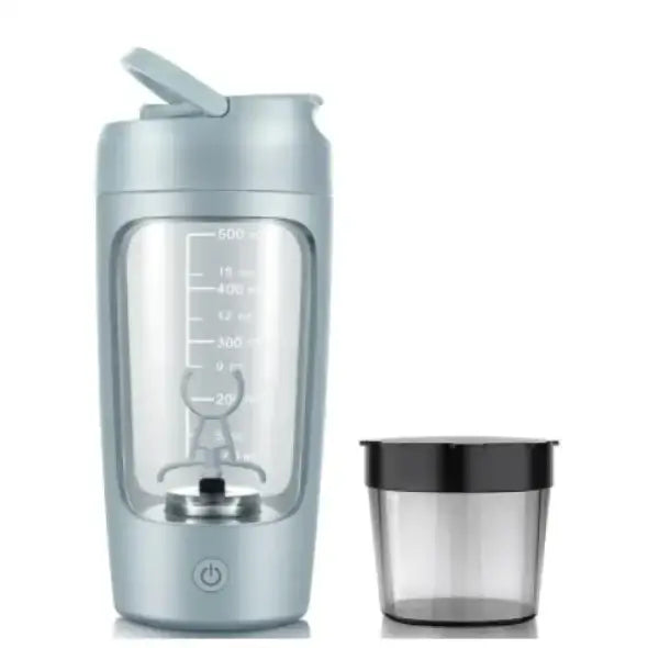 Silver electric shaker bottle with transparent mixing chamber and black lid, featuring measurement markings on the side.