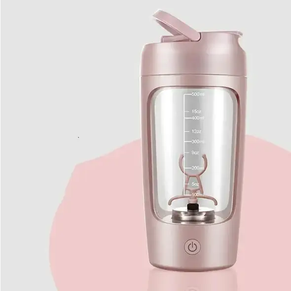 Pink metallic shaker bottle with transparent glass body and measurement markings.