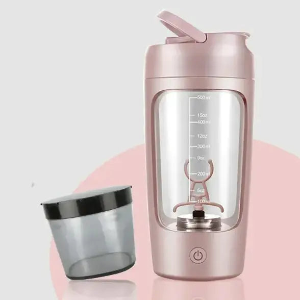 Rose gold-colored electric shaker bottle with transparent glass body and measurement markings, featuring a built-in blender mechanism at the bottom.