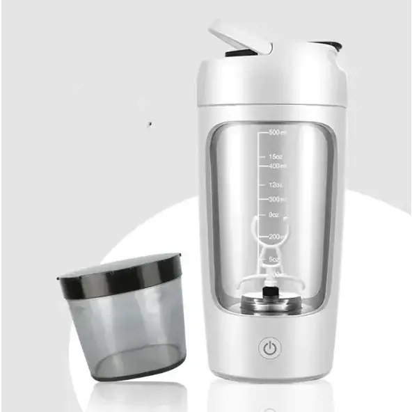 White electric shaker bottle with transparent side panel and black lid, featuring measurement markings on the glass interior.