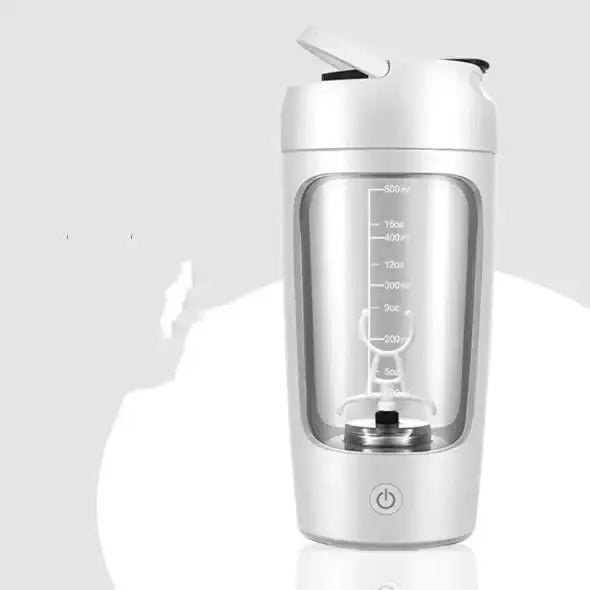 White electric shaker bottle with transparent body and measurement markings.