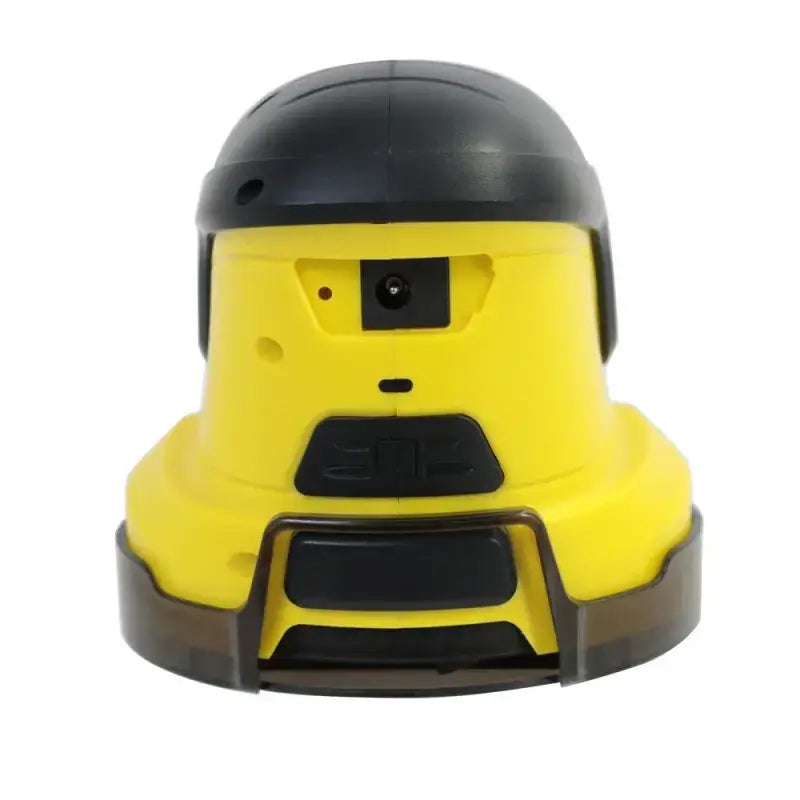 Yellow and black robotic security camera with a dome-shaped housing.