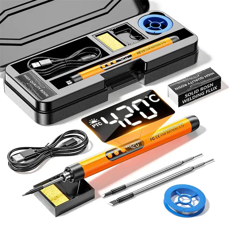 Orange digital temperature-controlled soldering iron with black accents and a ptc heating element.