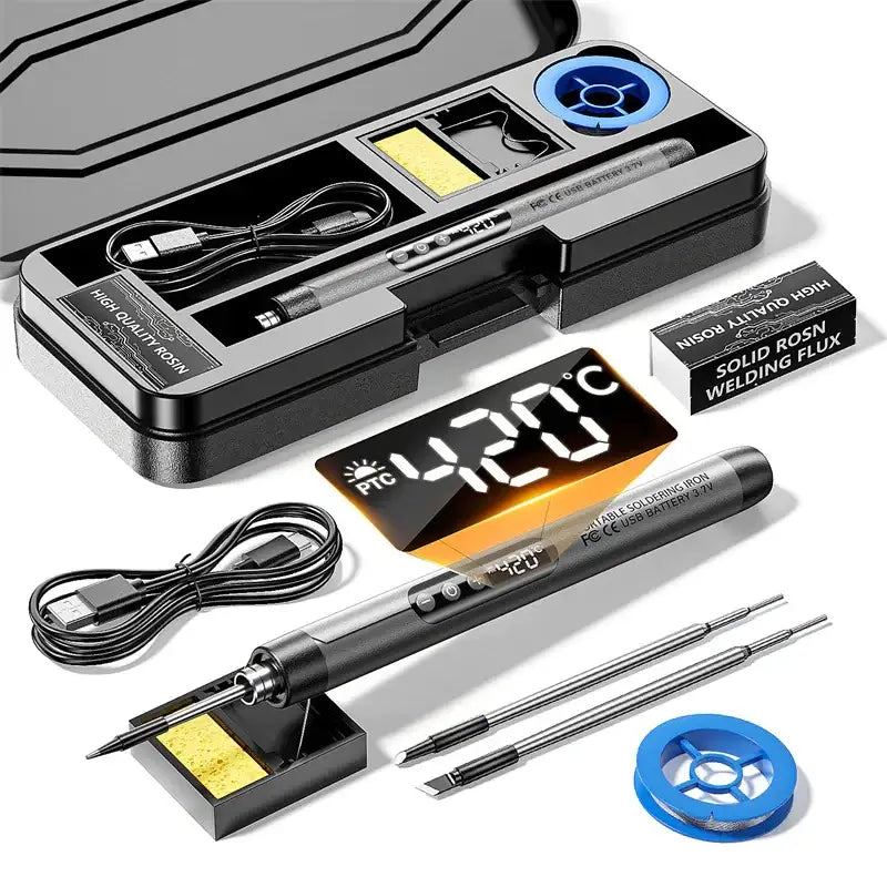 Black digital soldering iron with a sleek, ergonomic design and temperature display showing 420°c