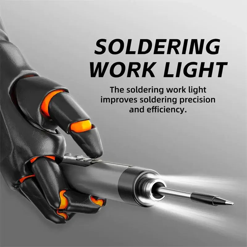 Black and orange robotic hand holding a sleek, silver soldering work light with an illuminated tip.
