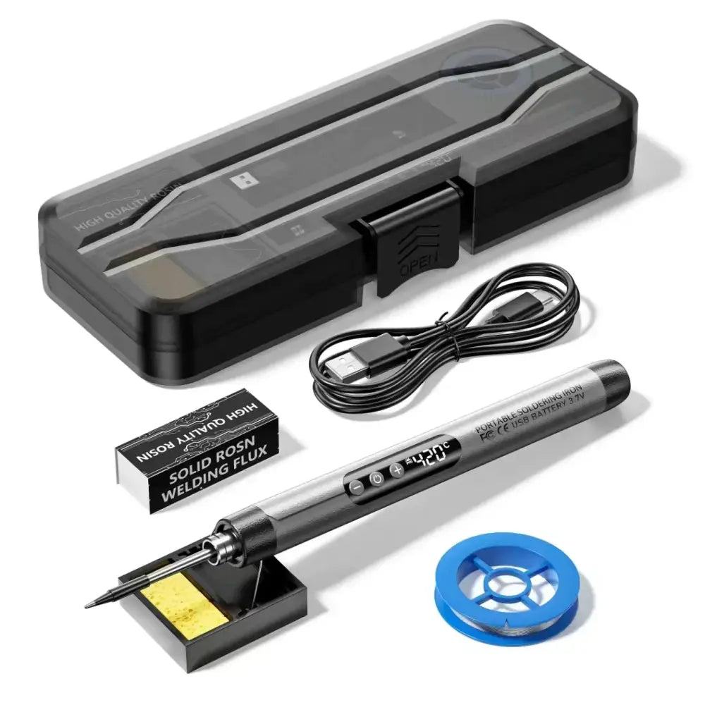 Black portable soldering iron with digital temperature display and usb battery, shown alongside its case, flux, wire spool, and cleaning sponge.