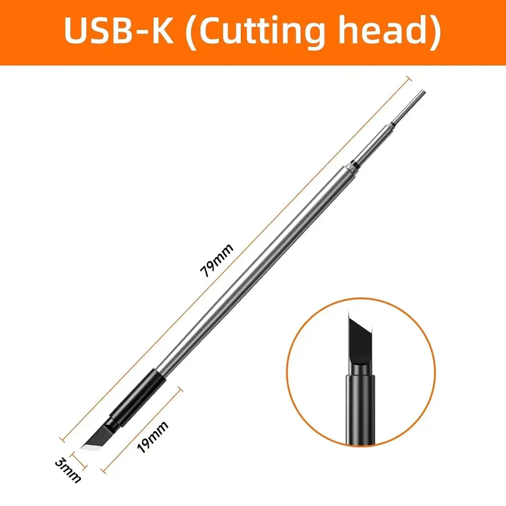 79mm long metallic usb-k cutting head with a black handle and sharp, angled blade tip.