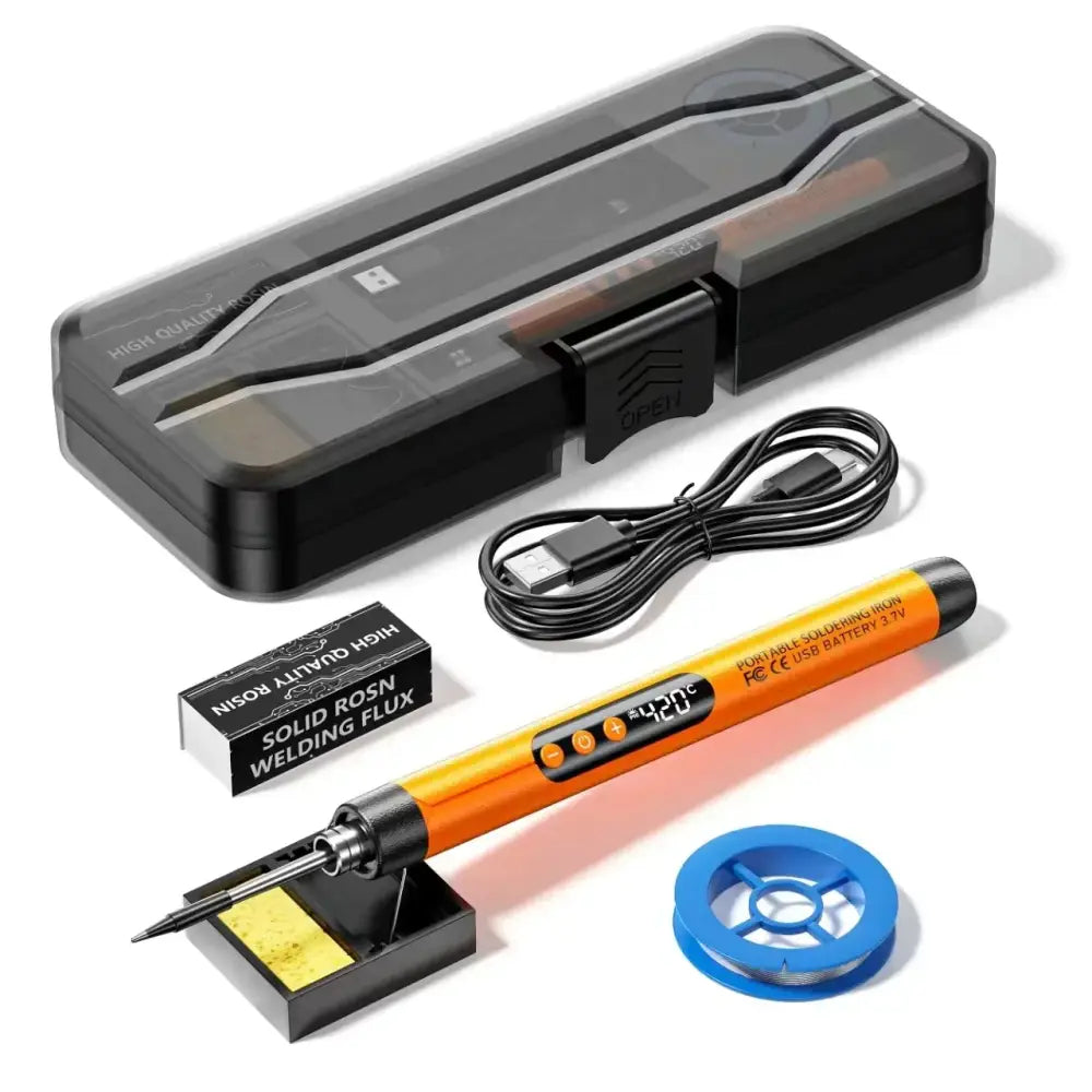 Orange portable soldering iron with digital temperature display and black ergonomic grip