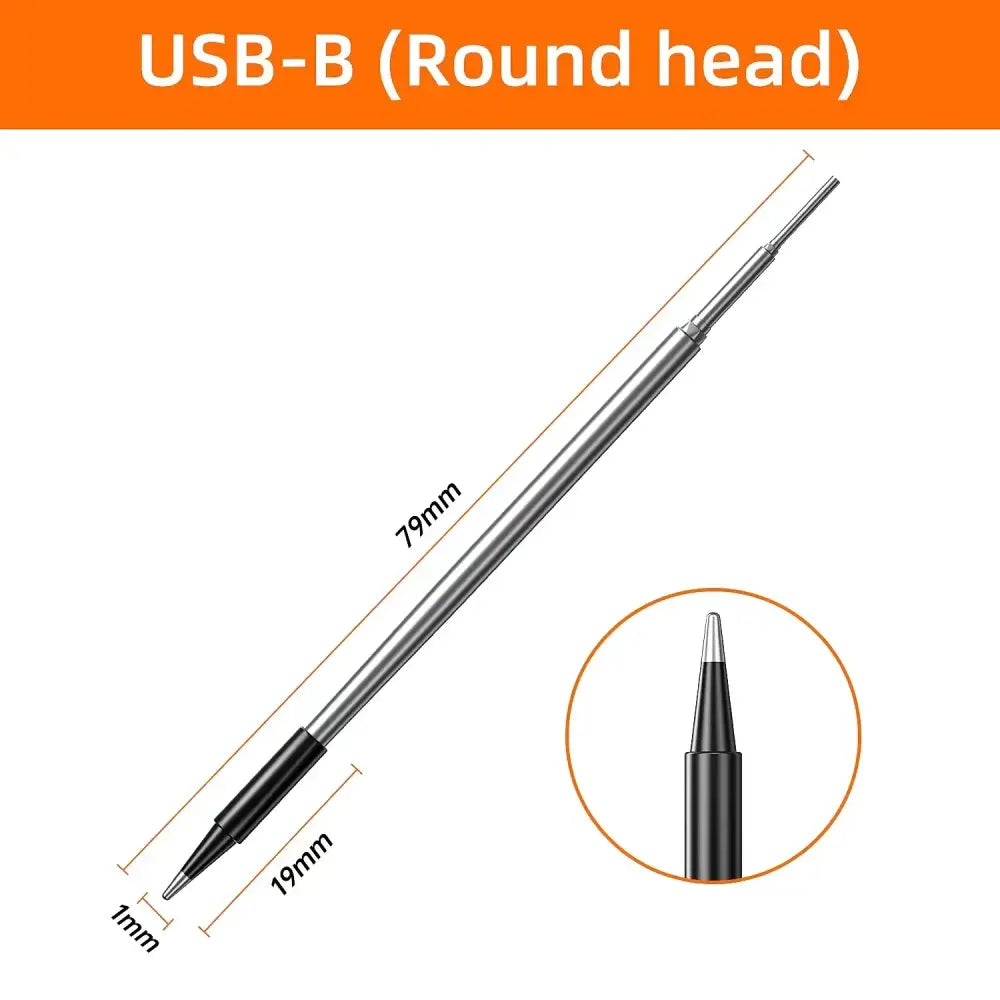 Silver usb-b round head soldering iron tip with a black insulated handle.