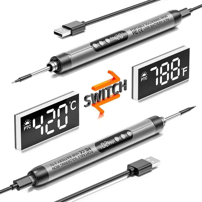 Silver usb-powered portable soldering iron with digital temperature display showing 420°c and 780°f, featuring a sleek metallic body and interchangeable tip.