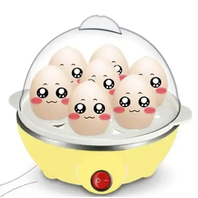 Yellow electric egg cooker with transparent dome and cartoonish eggs inside.