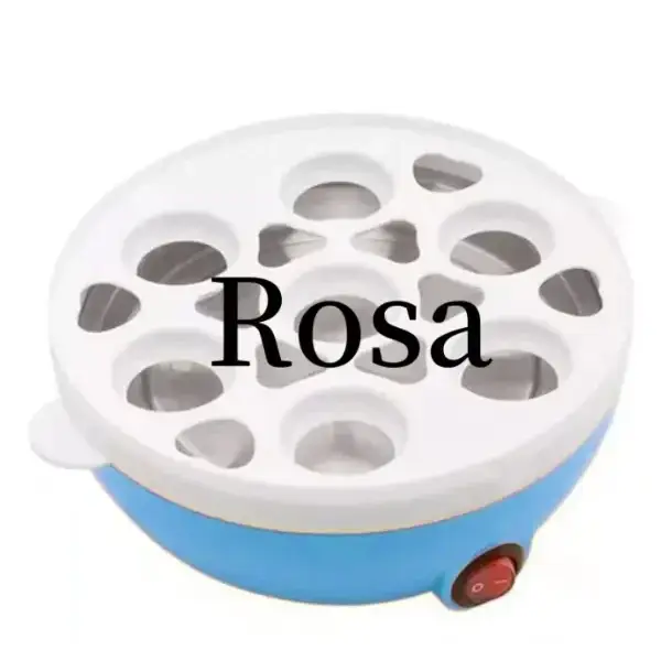 Blue and white electric egg cooker with multiple circular slots for boiling eggs