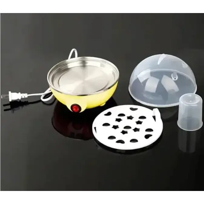 Yellow electric egg cooker with stainless steel bowl and red power button