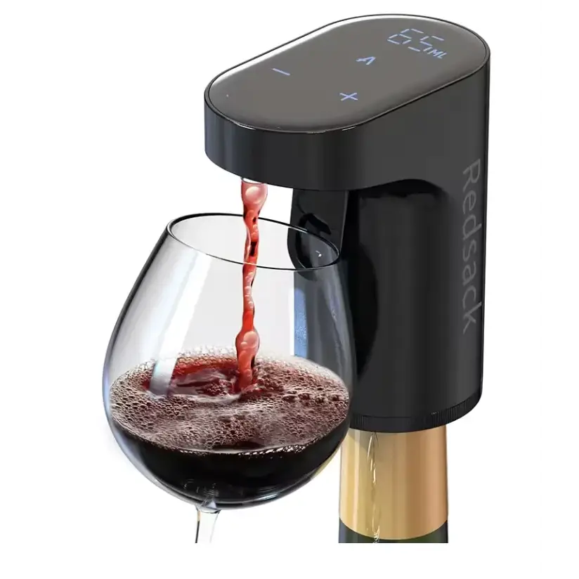 Black redsack wine pourer with digital display and sleek, modern design.