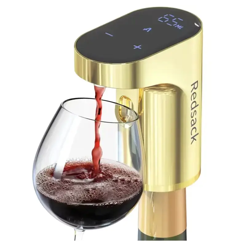 Gold-colored redstack wine pourer with a digital display and sleek, modern design.