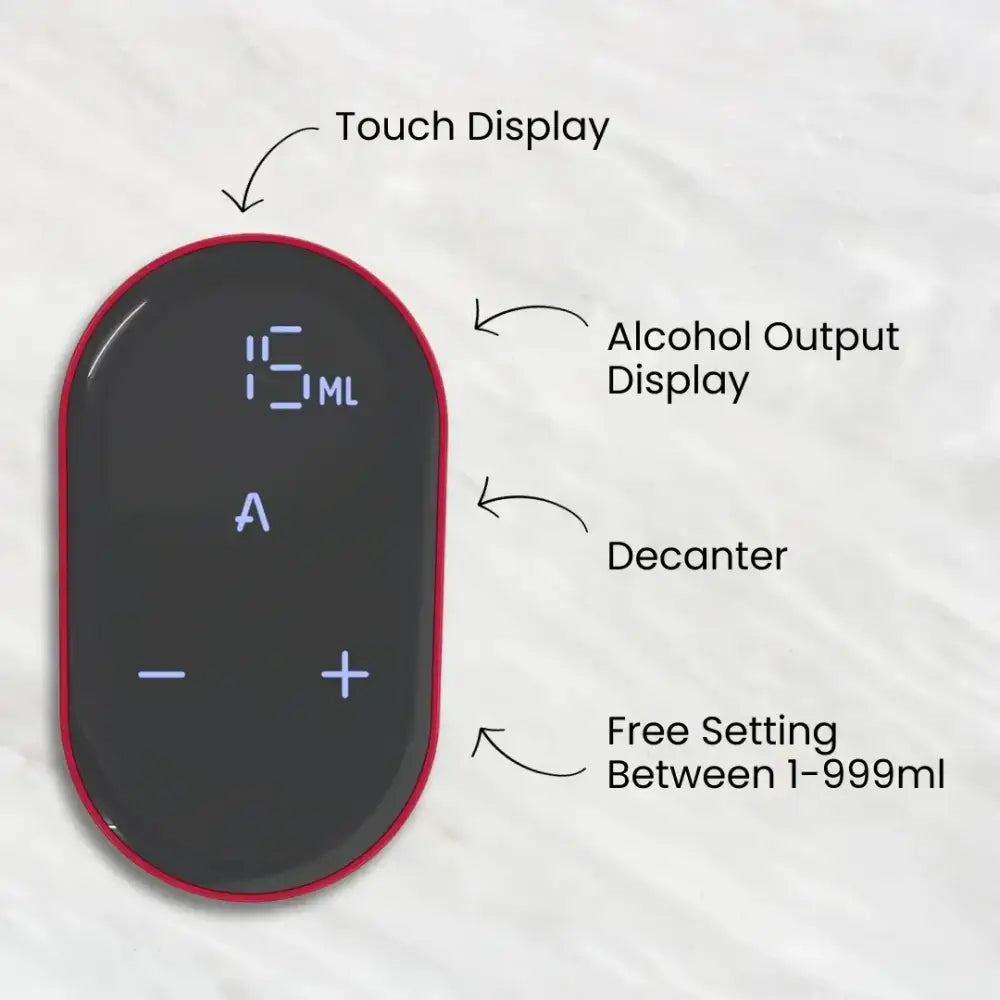 Red-framed oval-shaped alcohol meter with a touch display showing 15ml and control buttons for adjustment.