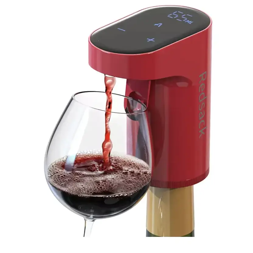 Redsacck wine pourer in vibrant red, sleek and modern design with digital display showing precise measurements.