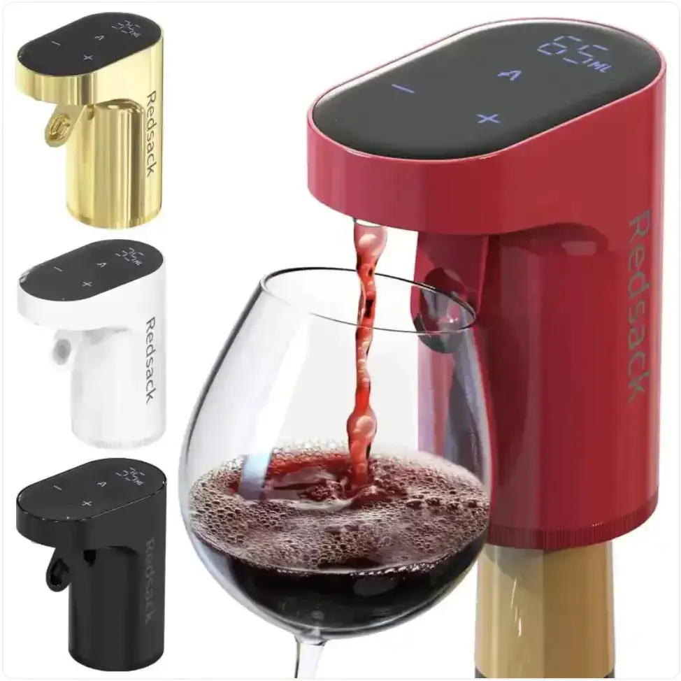 Redsack wine pump in red, featuring a sleek digital display and modern design.
