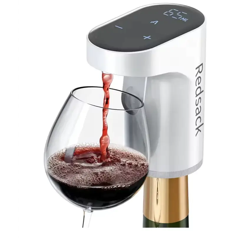 White redstack wine cooler with digital display pouring red wine into a glass.