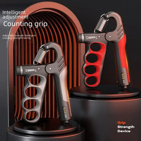 Black and red adjustable grip strengthener with a spring mechanism.