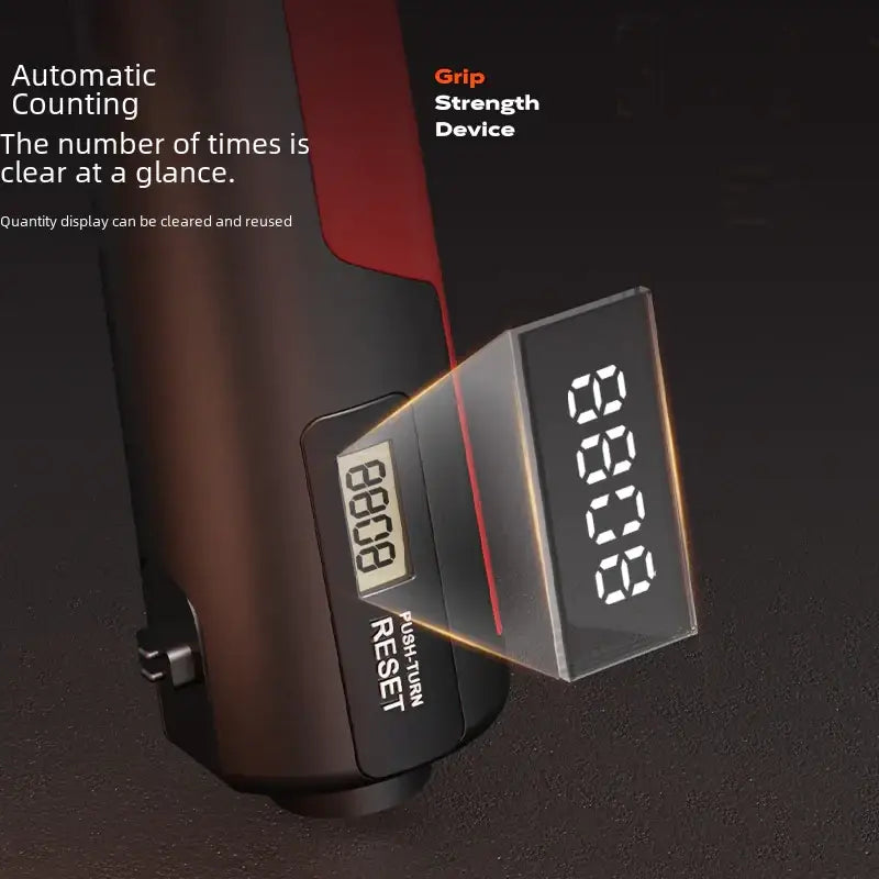 Black and red automatic counting grip strength device with digital display showing ’08:00’’ on a dark background.