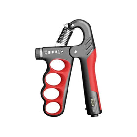Red and black adjustable grip strengthener with a spring mechanism.