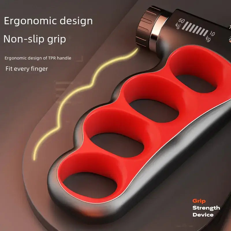 Red and black ergonomic hand gripper with tpr handle for finger fit.