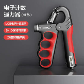 Red and black electronic counting grip strengthener with adjustable resistance from 5 to 100kg.