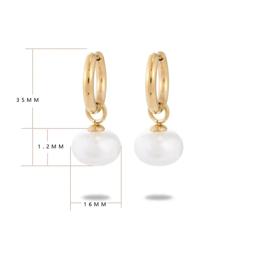 Gold hoop earrings with a single white pearl dangling from each, measuring 35mm in height and 16mm in width.