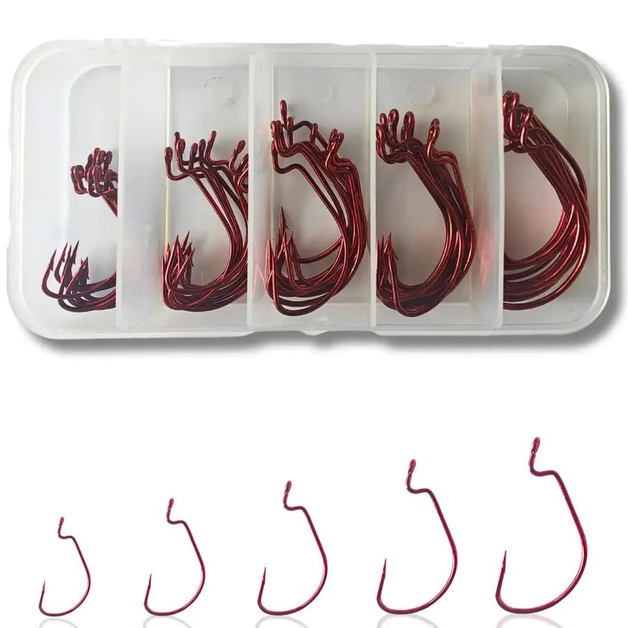 Red metallic fishing hooks in a clear plastic organizer.