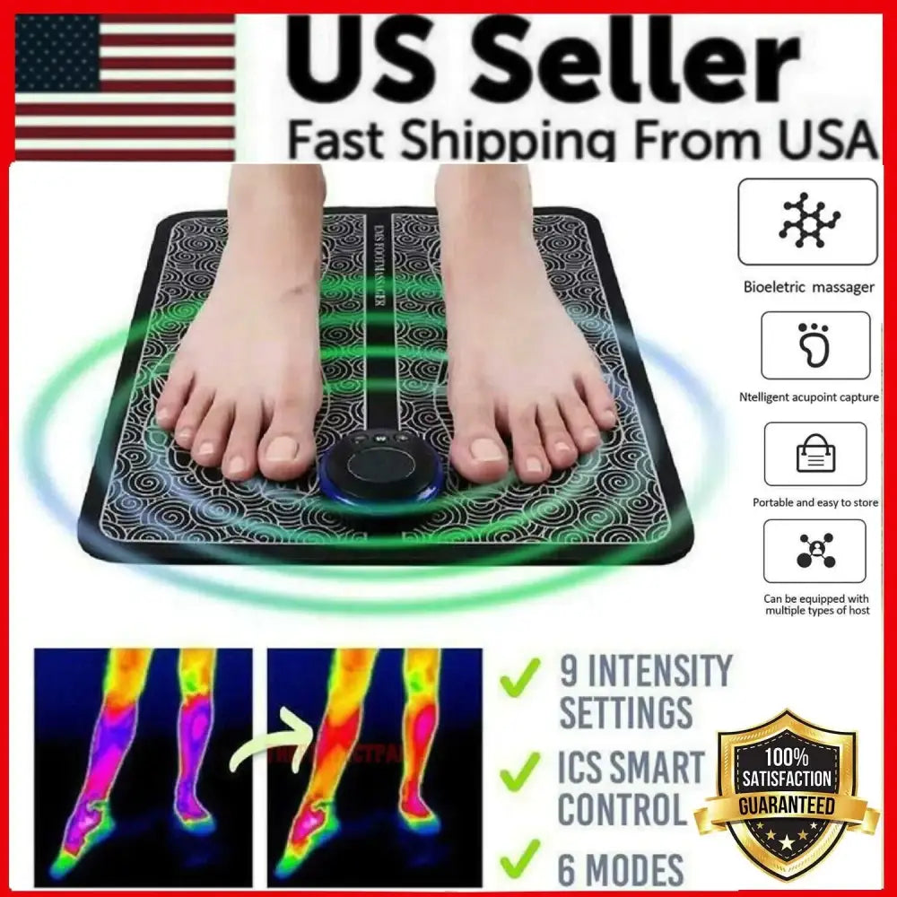 Black rectangular foot massage mat with a patterned surface and central control button.