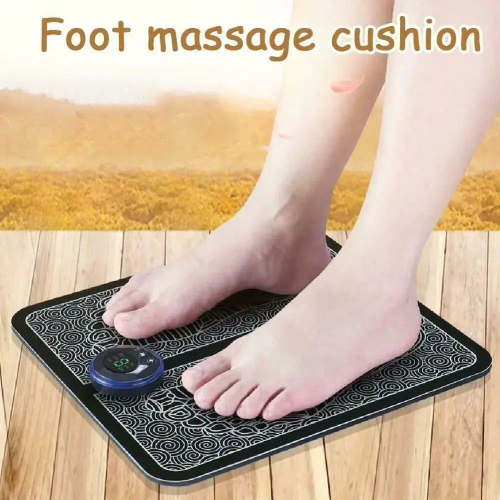 Black foot massage cushion with a white swirling pattern and a circular blue control panel.